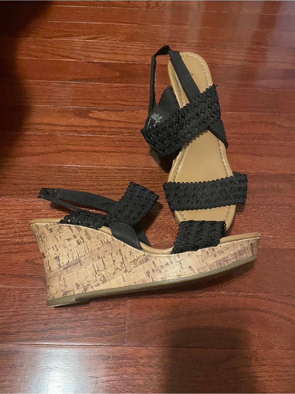 American Eagle By Payless Black Crochet Strap Cork Wedge Sandals